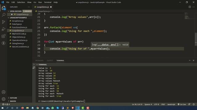 Loops In JavaScript With Examples | ES6 | for, for of, for in, foreach, while, do while