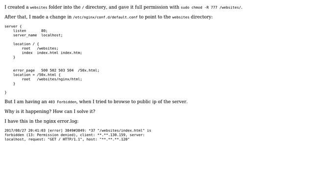 Unix & Linux: Nginx 403 error, when nginx.conf set to serve from /websites смотреть онлайн