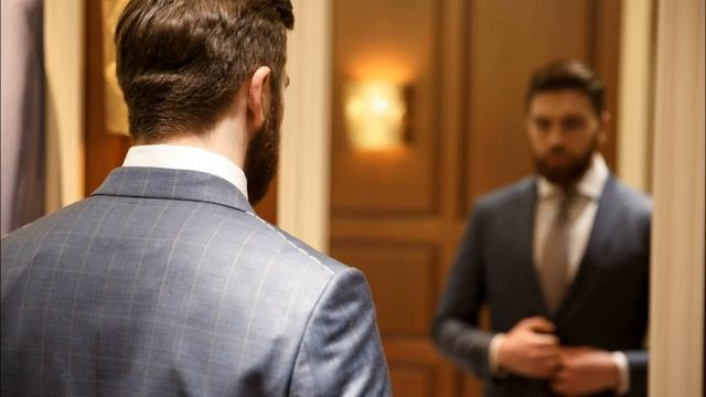 мужчина сомневается перед зеркалом выбирая одежду