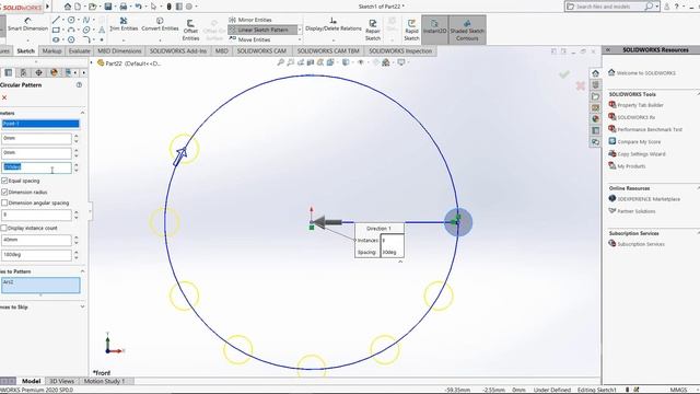 Solidworks 2020 Tutorial in Hindi  #16 - How to use Circular Sketch Pattern tool