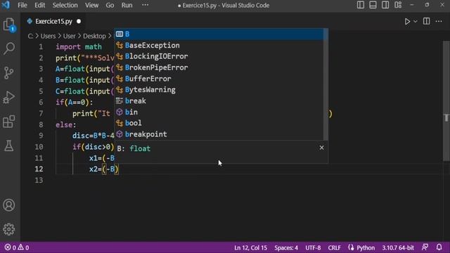 Practice Python : Basic Exercises for Beginners # 015 - The equation AX²+BX+C=0