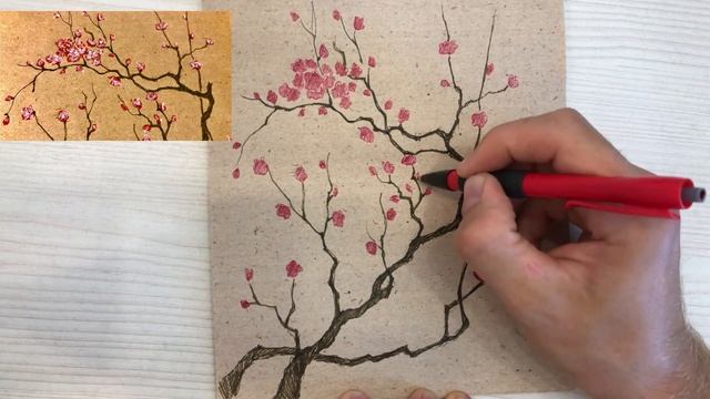 Как нарисовать цветущую сакуру. How to draw a sakura branch (cherry blossom) EASY METHOD