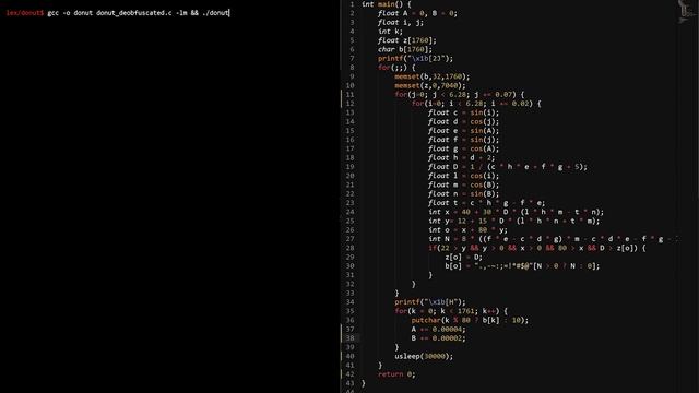 Donut-shaped C code that generates a 3D spinning donut смотреть онлайн