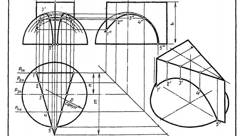 Построение линии пересечения ПРИЗМЫ С ПОЛУСФЕРОЙ. Задание 52. Вариант 14 (В2, В5, В27 аналогично)