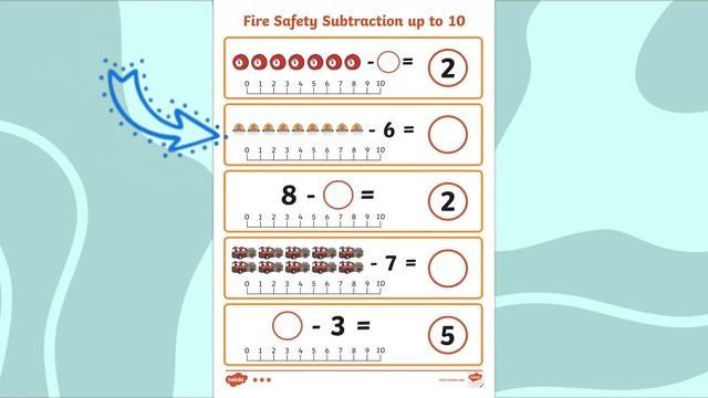 Fire Safety Themed Subtraction within 10 Worksheet смотреть онлайн