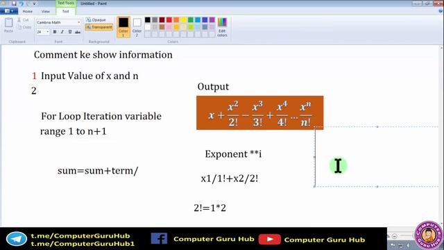 Program to input the value of x and n and print the sum of series ?+?^?/?!−?^?/?!+?^?/?!…?^?/?!