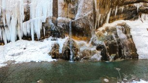 The Sound of a Waterfall in Winter in a Mountain Gorge