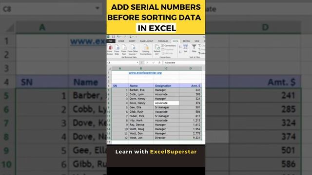 Before sorting in Excel, add a serial number column