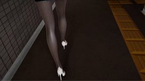 shiny pantyhose and high heels flight attendant walking on basement in HS2