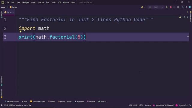 Find Factorial in 2 lines Python Code