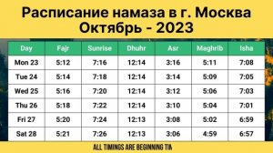 время намаза в москве Октябрь 2023