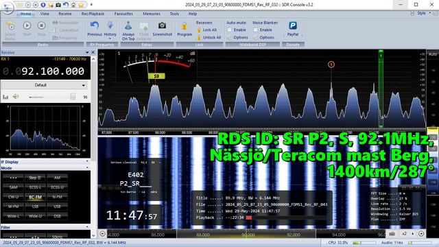 29.05.2024 08:47UTC, [Es], SR P2, Швеция, 92.1МГц, 1400км