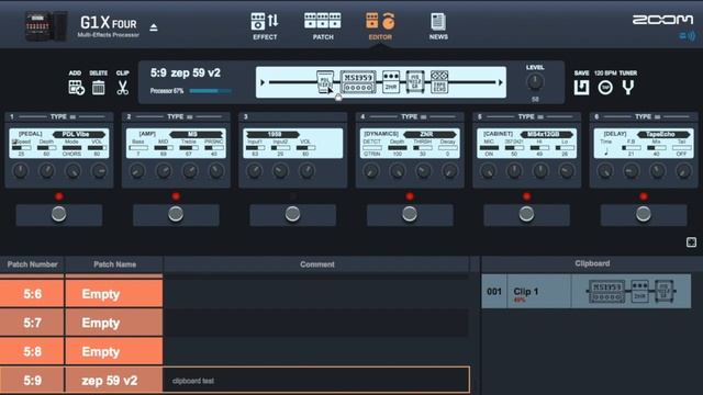 ZOOM G1X  four MAX Processor Loading and Clipboard functions - GUITAR LAB 5.0 software - Tutorial