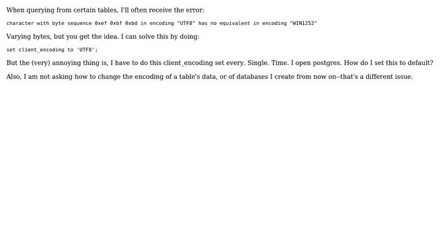 Databases: Postgres: set client encoding default (2 Solutions!!) смотреть онлайн