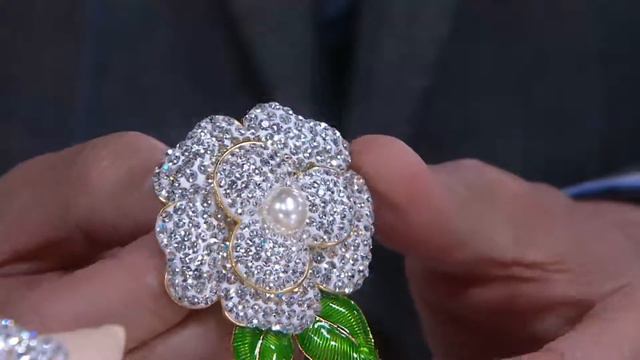 Joan Rivers Pave Gardenia Pin with Enamel Leaves on QVC