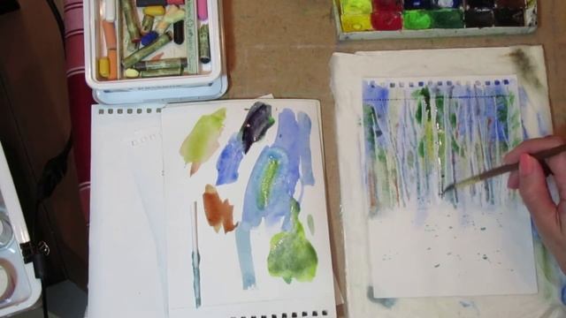 Акварельный скетч. Набросок акварелью. Пленэр акварелью. Березы в лесу в технике по-сырому.
