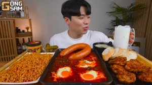 ASMR MUKBANG 불닭볶음면 & 소세지 & 양념 치킨먹방! FIRE Noodle & FRIED CHICKEN & SAUSAGE EATING