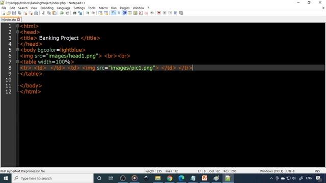 Banking PHP project Part 3 | index page index.php | creating php page using notepad++