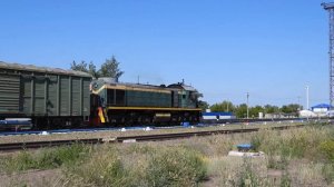 Маневровый поезд ТЭМ2-1550 перевозит грузовой состав.
