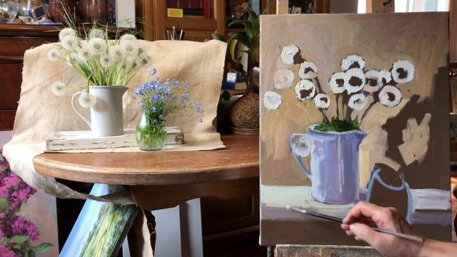 Живопись маслом, пушистые одуванчики с незабудками смотреть онлайн