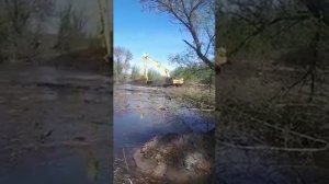 Очистка водоема экскаватором с длинной стрелой.