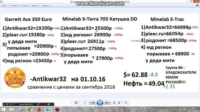 ЦЕНЫ НА МЕТАЛЛОДЕТЕКТОРЫ ОКТЯБРЬ 2016