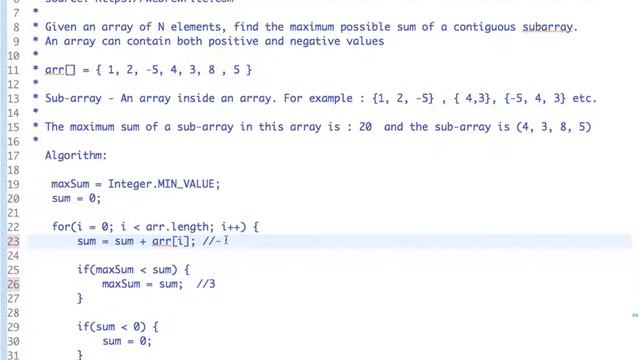 Find Largest Sum Contiguous Sub-array (Kadane's Algorithm) - Java Code смотреть онлайн