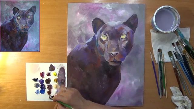 Как нарисовать пантеру. Черный ягуар. Черный леопард. Багира.  Акрил смотреть онлайн