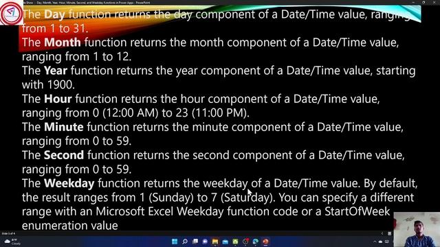 Day, Month, Year, Hour, Minute, Second, and Weekday functions in Power Apps