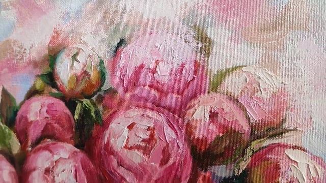 Картина маслом с пионами 30/30 см. смотреть онлайн
