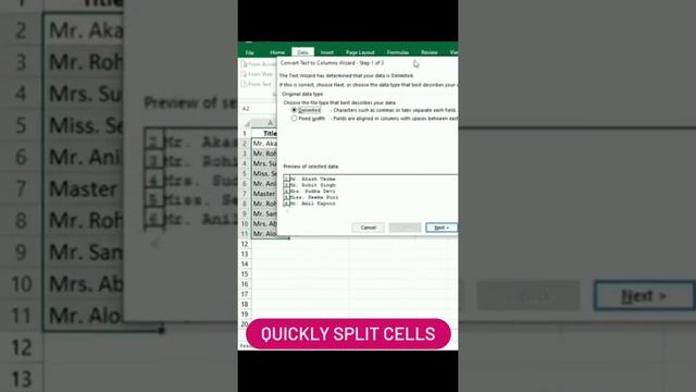 Quickly split cells excel shortcut