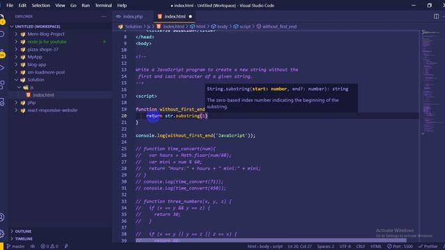 JavaScript - Exercises, Practice, Solution [ 17 ] first and last char cut