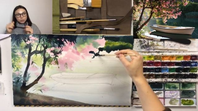 Мастер-класс по акварельной живописи «Полдень на реке» |  Как нарисовать лодку и реку поэтапно