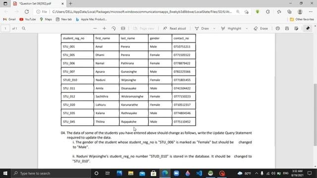 DBMS Question Session Task 6 | 1st Year | Semester 01 | Java Institute | U.M.Amindu Dulanjana