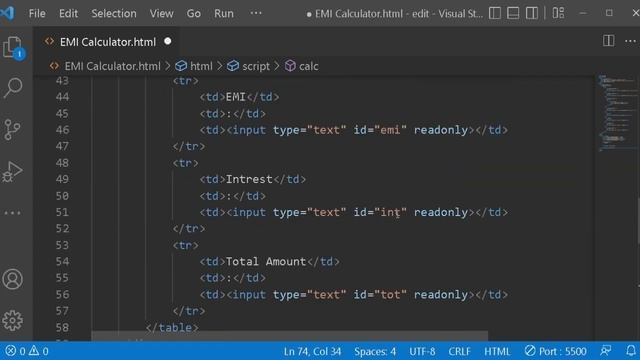 Emi Calculator Using HTML ,CSS and JavaScript in Telugu