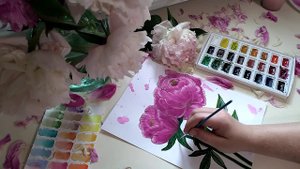 Как нарисовать пионы акварелью.Как рисовать цветы акварелью.Peony Painting in Watercolor.