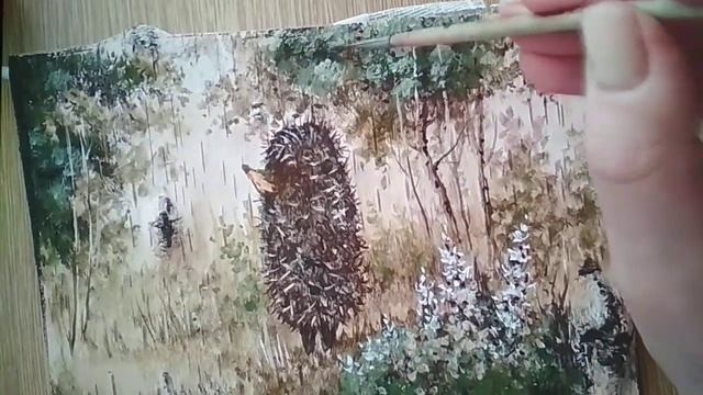 КАРТИНА НА БЕРЕСТЕ ЁЖИК /Изделие из бересты/ роспись по бересте/ пишем на бересте/ ёжик в бересте.