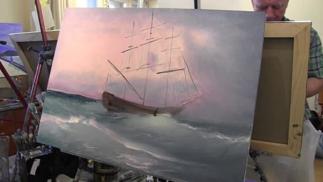 Морской пейзаж с кораблем маслом на холсте.Научиться рисовать маслом, Сахаров