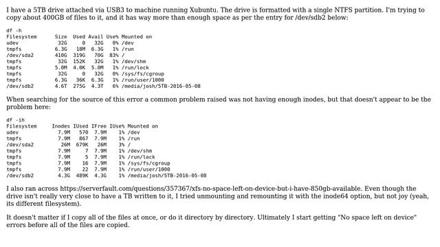 "No space left on device" when copying files to barely used 5TB NTFS external drive on Xubuntu смотреть онлайн