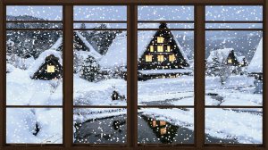 Зимнее окно - заставка для телевизора! Окно с видом на заснеженные домики (идёт снег, звук камина)