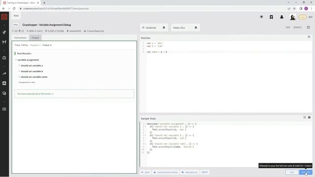 Codewars 8 kyu Grasshopper - Variable Assignment Debug JavaScript