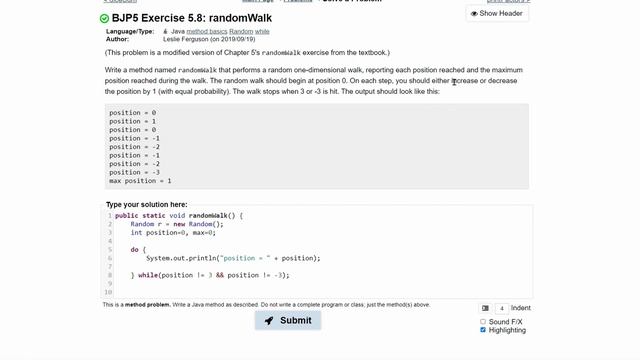 Java Practice It | Exercise 5.8: randomWalk | method basics, random, while loops смотреть онлайн