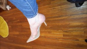 Shoeplay with clear slinkback High Heels  Showing pink toes with shoeplay and dangling