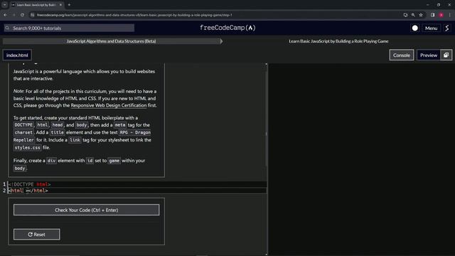 Learn JavaScript by Building a Role Playing Game - Step 1 | freeCodeCamp | (Beta)