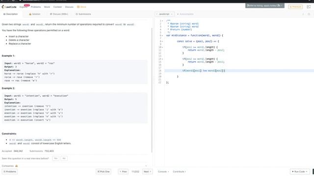 Leetcode 72. Edit Distance (Dynamic Programming) - javascript
