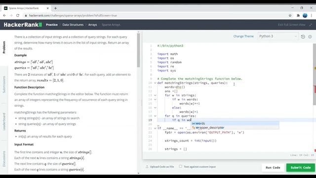Sparse Array | HackerRank | Python | String matchings | Data Structure  | HackerRank Solution
