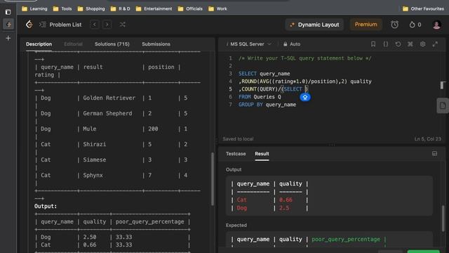 MSSQL Solution for Leet Code Problem 1211: Queries Quality and Percentage