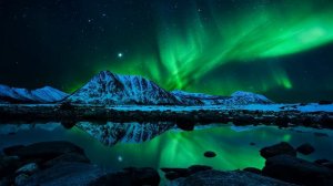 Картинка природа. Ночь, Aurora Borealis, звезды, горы, отражение, огни, северное сияние, небо.