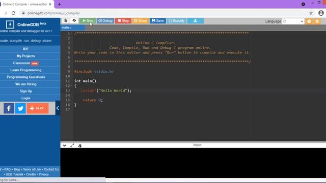 Hello World Program in C language Using Online C compiler.