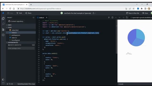 AMCharts 5 Pie chart example смотреть онлайн